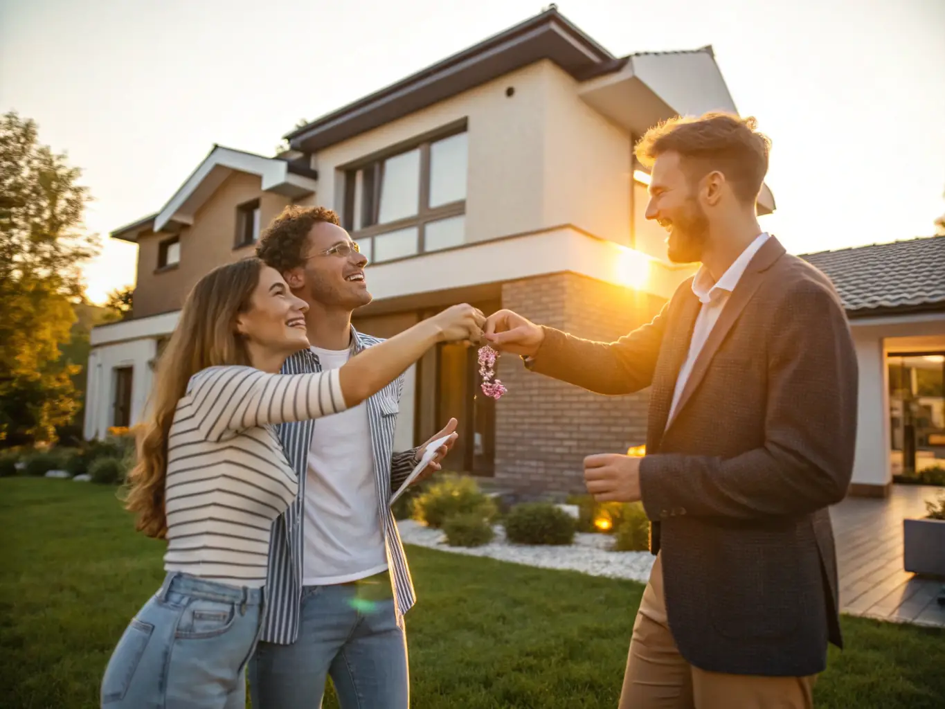 A welcoming image of a young couple receiving keys to their new home from Danny, their mortgage broker, symbolizing the joy of first-time homeownership.